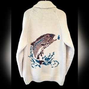 RARE Vintage Cowichan Fishing Shawl Collar Chunky Knit Western Cardigan Sweater